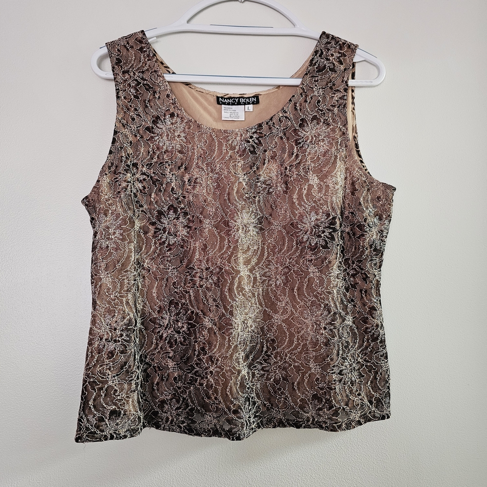 Nancy Bolen Women's Floral Lace Tank Top Metallic Thread Boho Whimsigoth 90s Y2K
